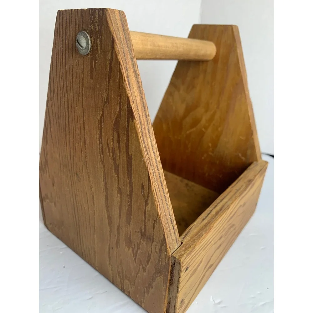 Vintage Handcrafted Wooden Tool Caddy Garden Tote Rustic Farmhouse Storage Box